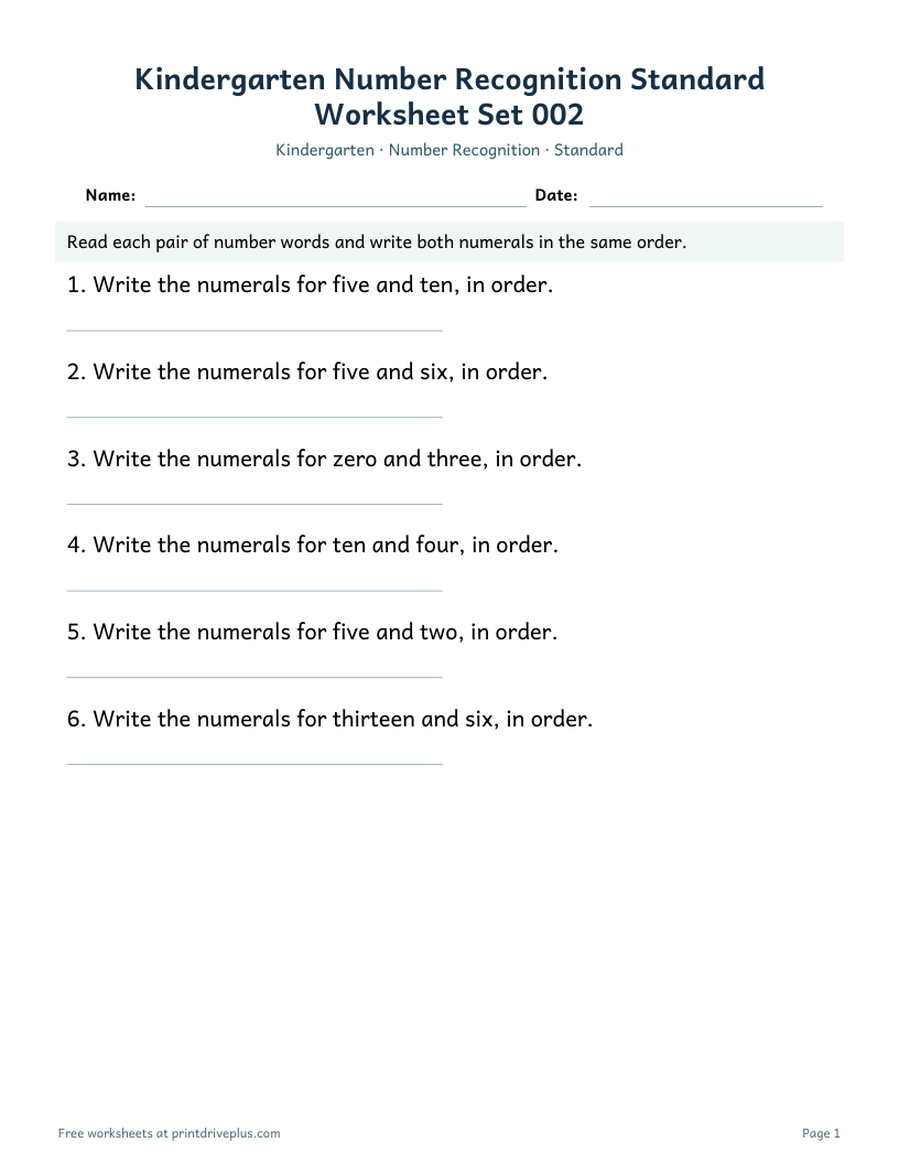 Preview of Kindergarten Number Recognition Standard Worksheet Set 002