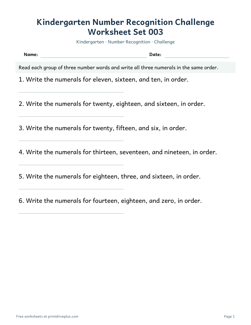 Preview of Kindergarten Number Recognition Challenge Worksheet Set 003