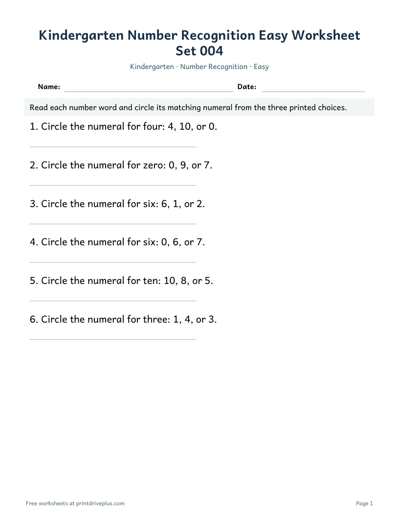 Preview of Kindergarten Number Recognition Easy Worksheet Set 004