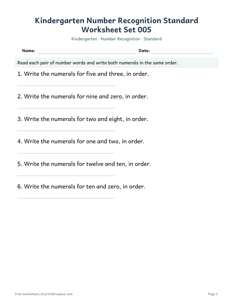 Preview of Kindergarten Number Recognition Standard Worksheet Set 005