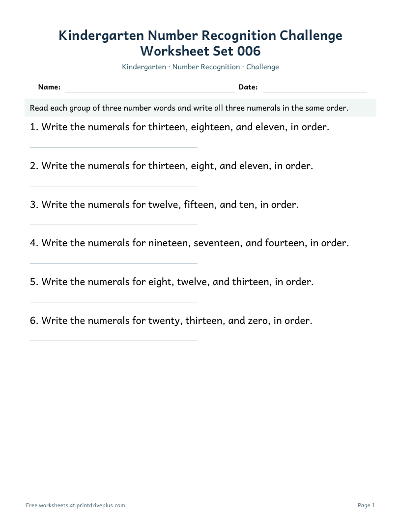 Preview of Kindergarten Number Recognition Challenge Worksheet Set 006