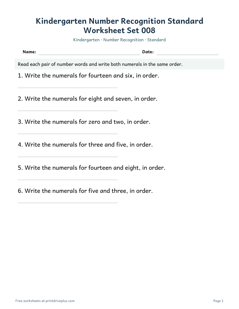 Preview of Kindergarten Number Recognition Standard Worksheet Set 008