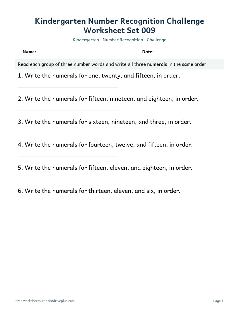 Preview of Kindergarten Number Recognition Challenge Worksheet Set 009