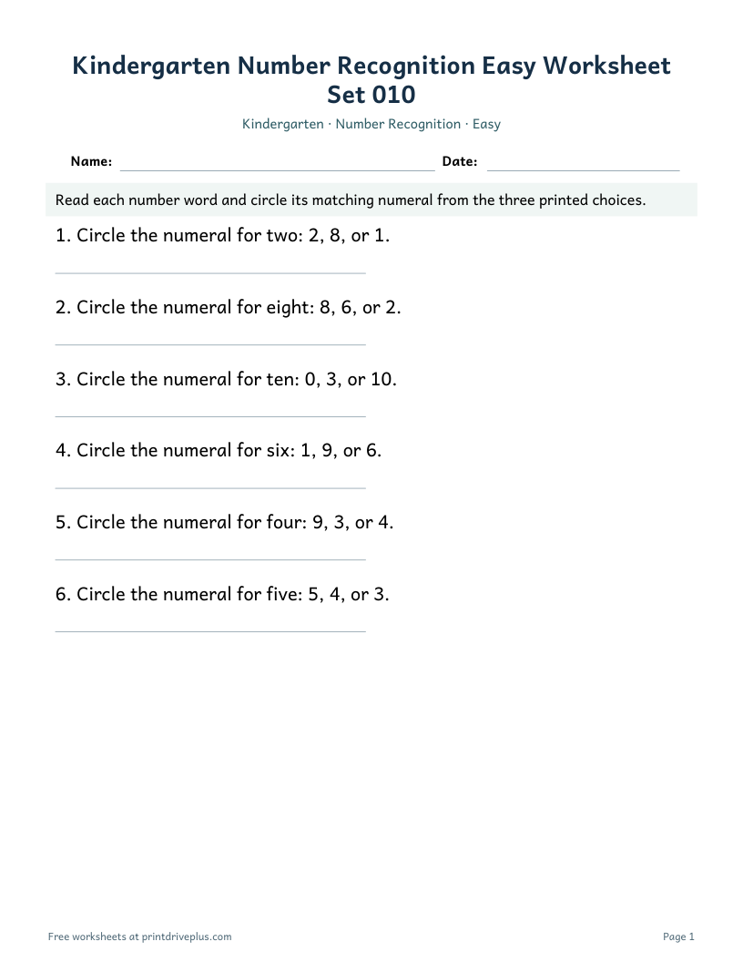Preview of Kindergarten Number Recognition Easy Worksheet Set 010