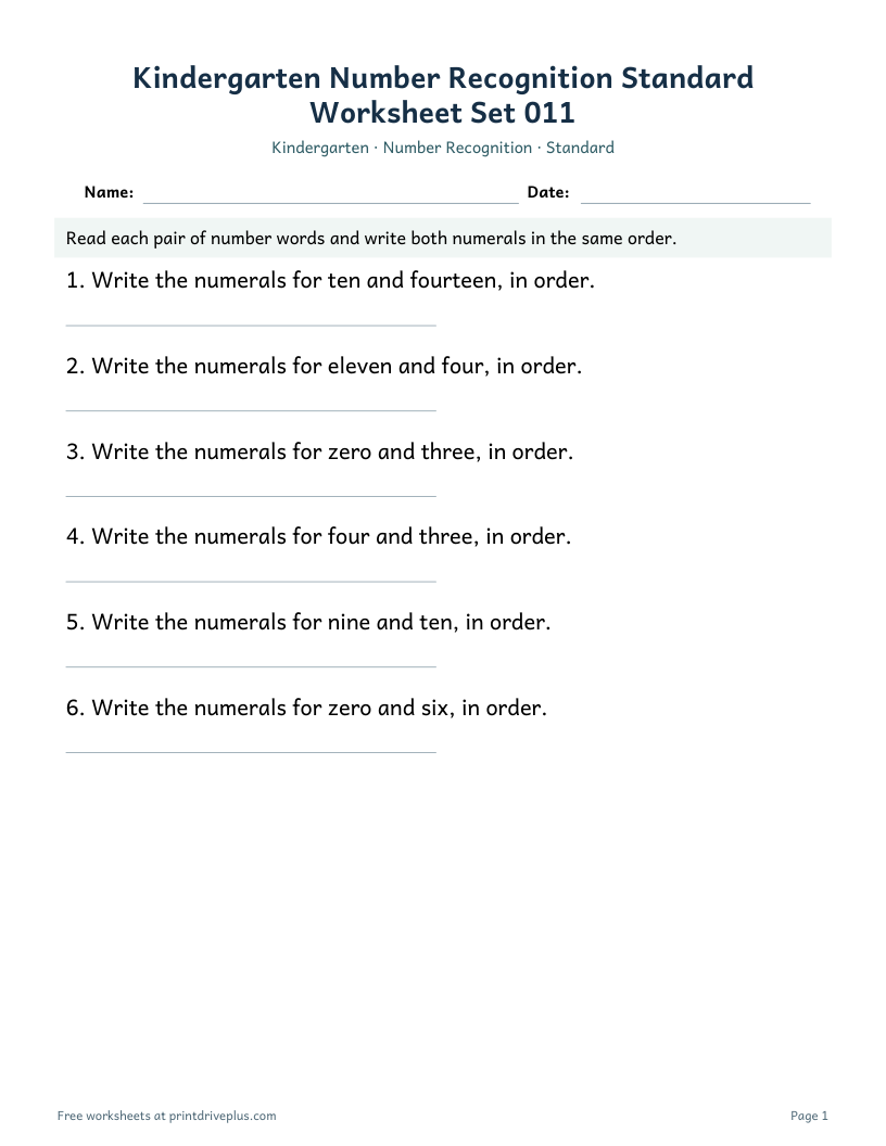 Preview of Kindergarten Number Recognition Standard Worksheet Set 011