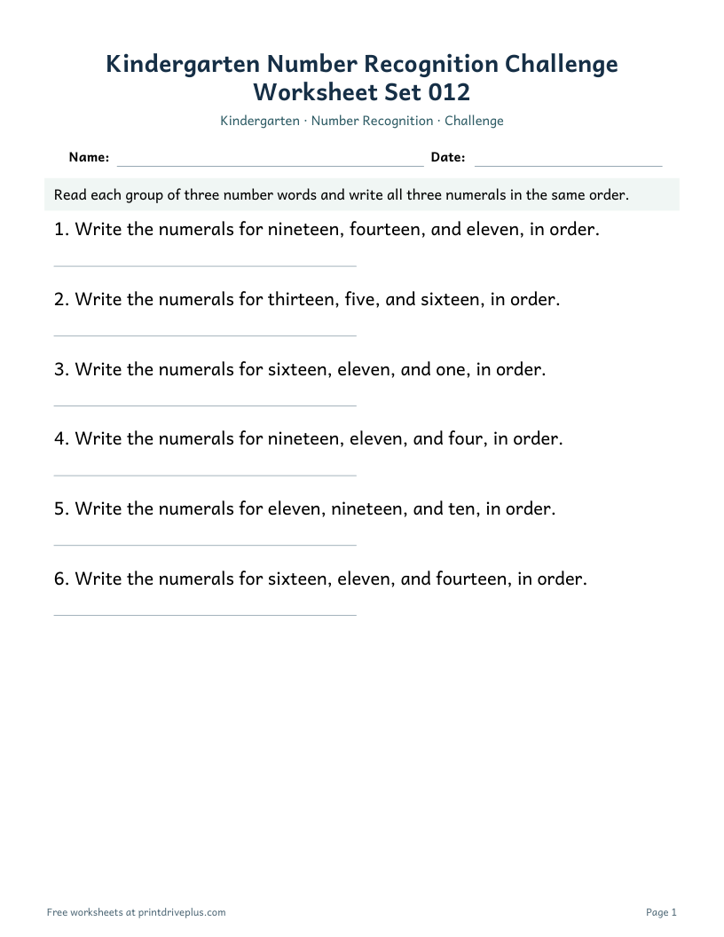 Preview of Kindergarten Number Recognition Challenge Worksheet Set 012