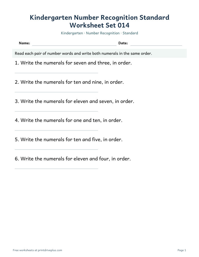 Preview of Kindergarten Number Recognition Standard Worksheet Set 014