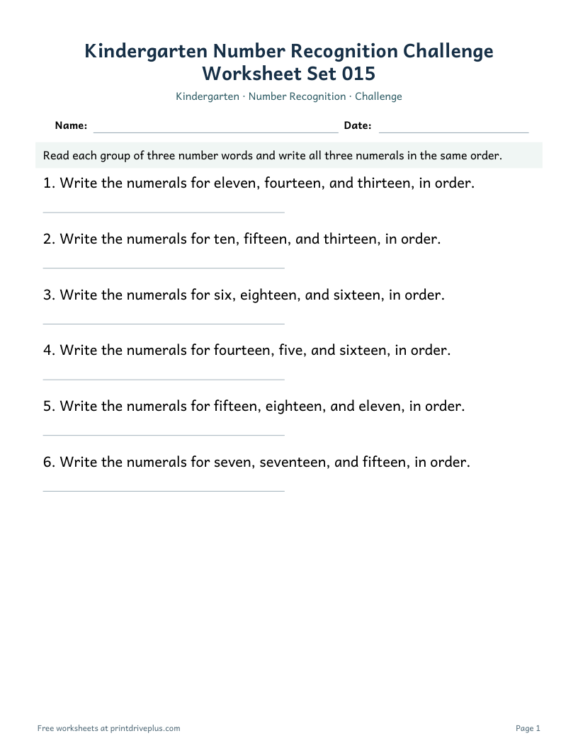 Preview of Kindergarten Number Recognition Challenge Worksheet Set 015