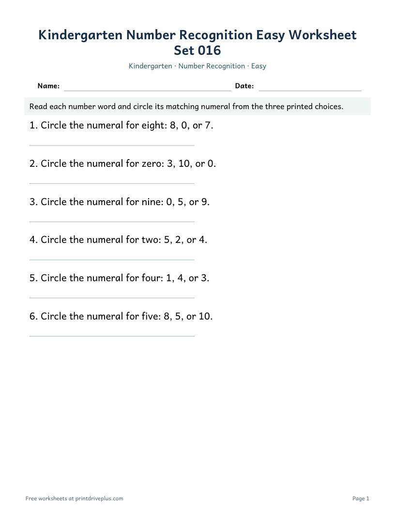 Preview of Kindergarten Number Recognition Easy Worksheet Set 016