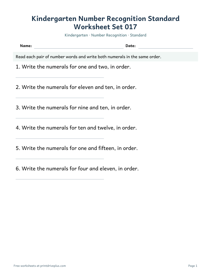 Preview of Kindergarten Number Recognition Standard Worksheet Set 017