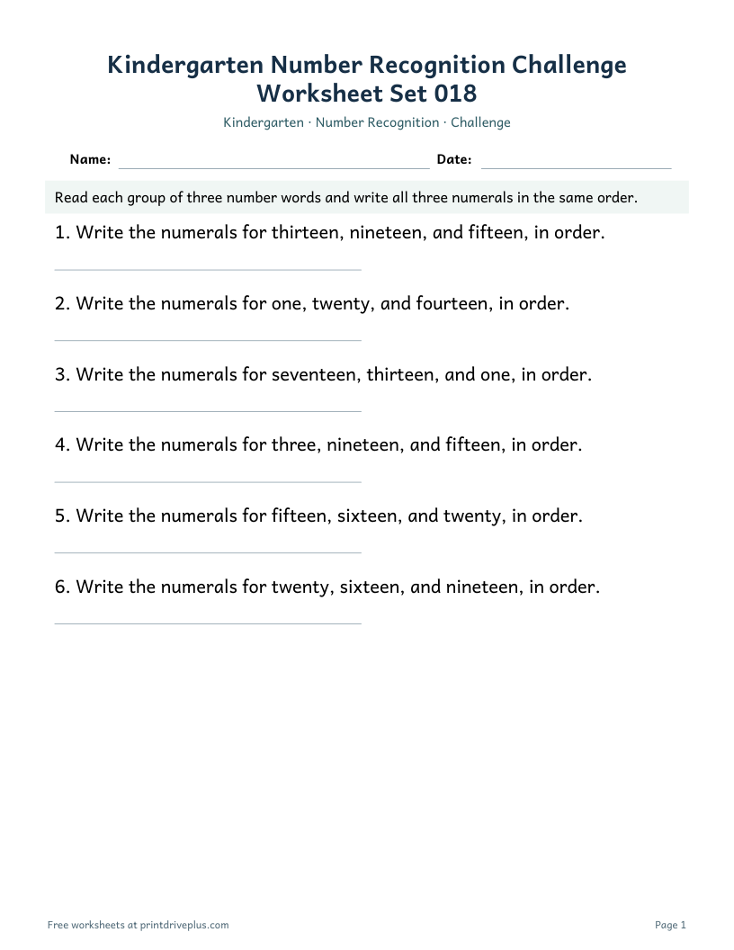 Preview of Kindergarten Number Recognition Challenge Worksheet Set 018