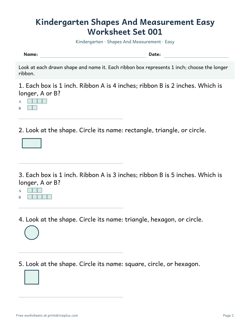 Preview of Kindergarten Shapes And Measurement Easy Worksheet Set 001