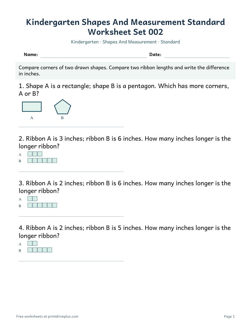 Preview of Kindergarten Shapes And Measurement Standard Worksheet Set 002