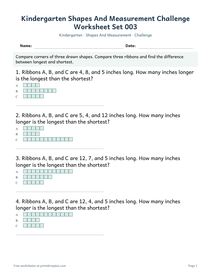 Preview of Kindergarten Shapes And Measurement Challenge Worksheet Set 003