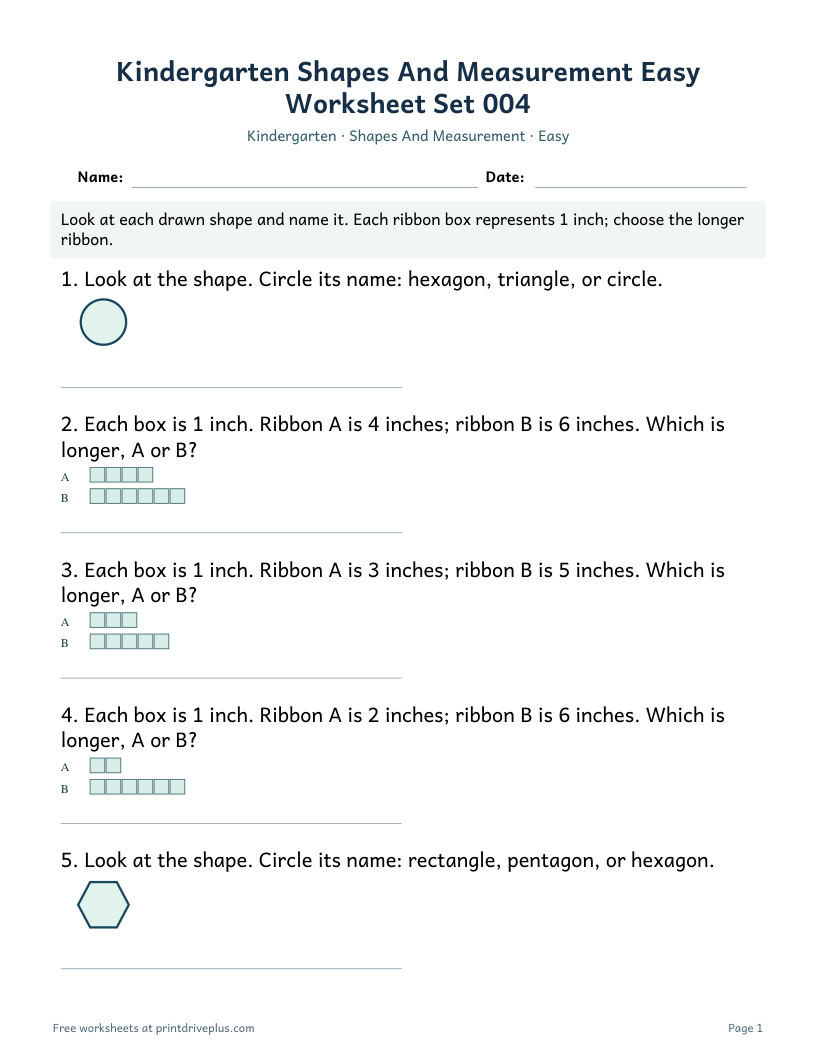 Preview of Kindergarten Shapes And Measurement Easy Worksheet Set 004