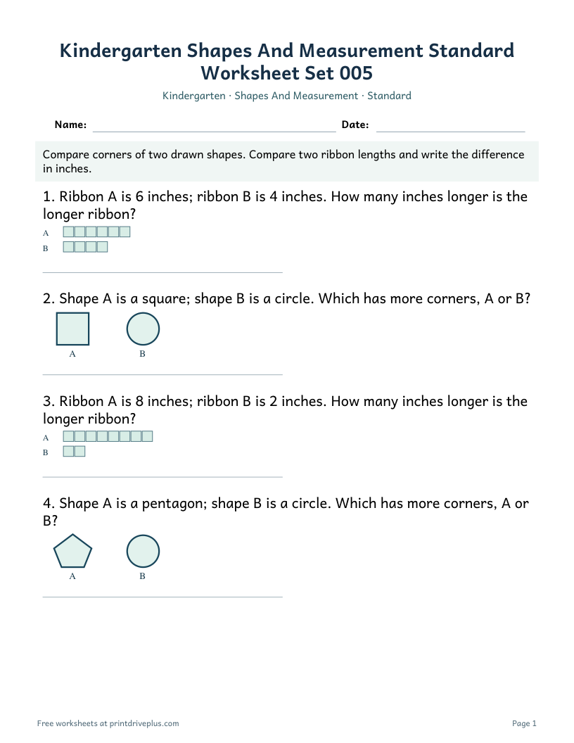 Preview of Kindergarten Shapes And Measurement Standard Worksheet Set 005