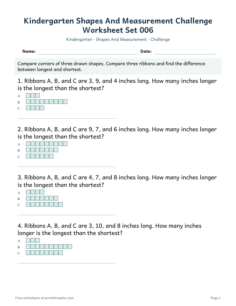 Preview of Kindergarten Shapes And Measurement Challenge Worksheet Set 006