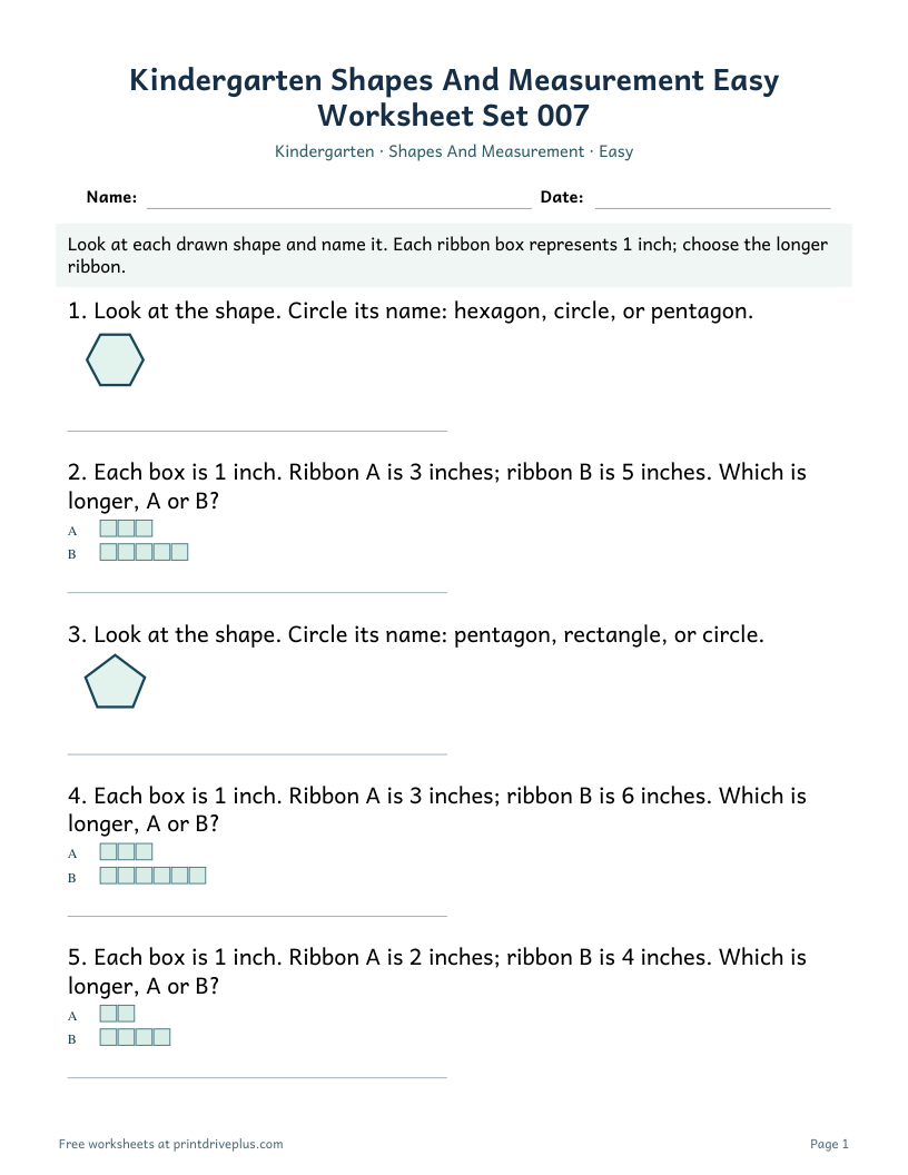 Preview of Kindergarten Shapes And Measurement Easy Worksheet Set 007