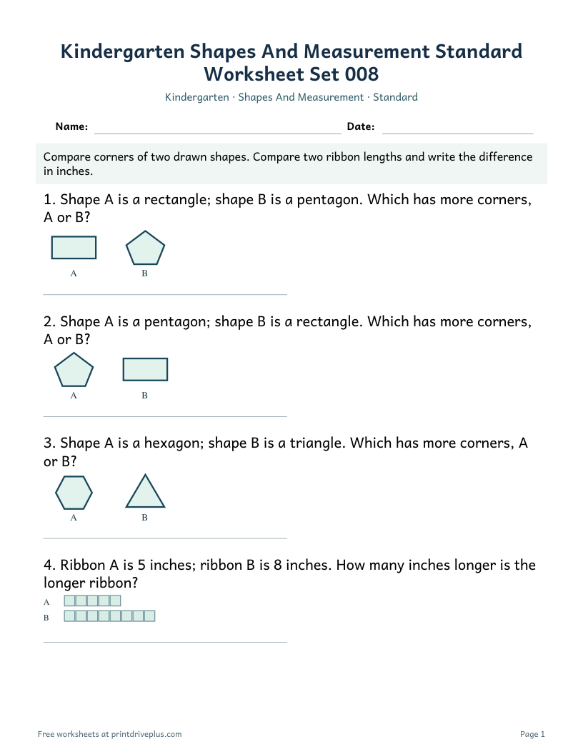 Preview of Kindergarten Shapes And Measurement Standard Worksheet Set 008