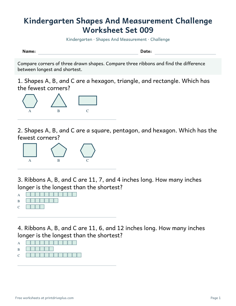 Preview of Kindergarten Shapes And Measurement Challenge Worksheet Set 009