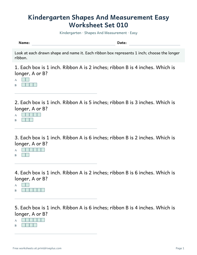 Preview of Kindergarten Shapes And Measurement Easy Worksheet Set 010