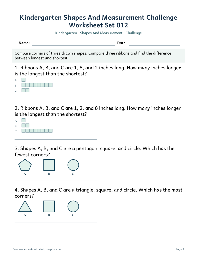 Preview of Kindergarten Shapes And Measurement Challenge Worksheet Set 012