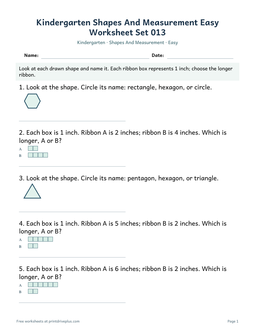 Preview of Kindergarten Shapes And Measurement Easy Worksheet Set 013