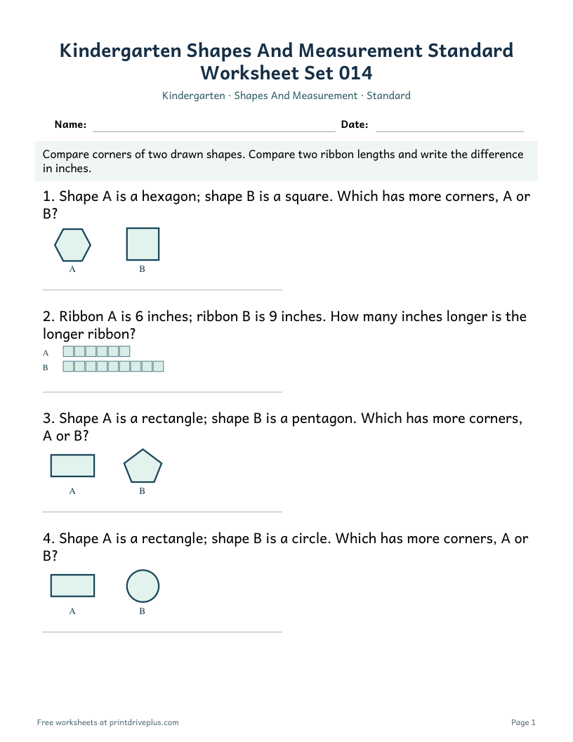 Preview of Kindergarten Shapes And Measurement Standard Worksheet Set 014