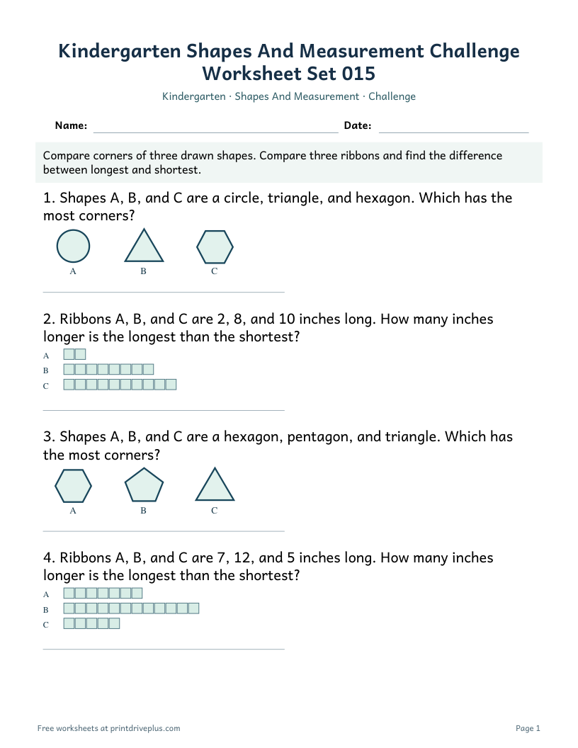 Preview of Kindergarten Shapes And Measurement Challenge Worksheet Set 015