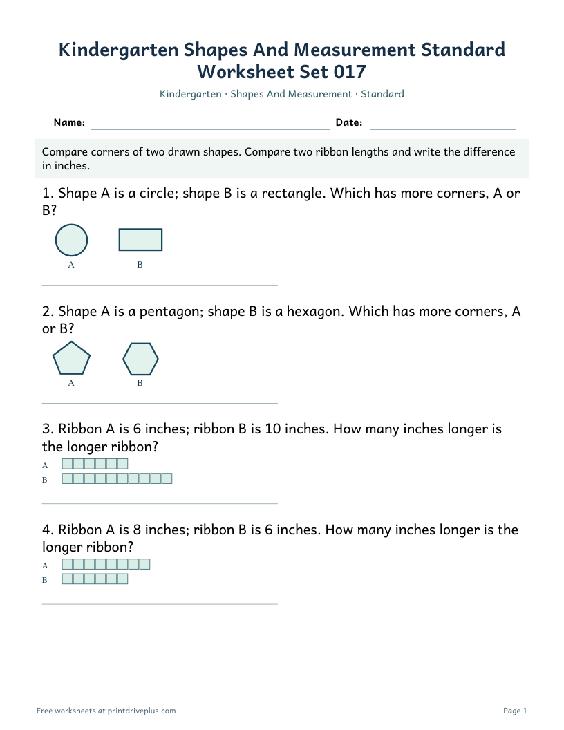 Preview of Kindergarten Shapes And Measurement Standard Worksheet Set 017
