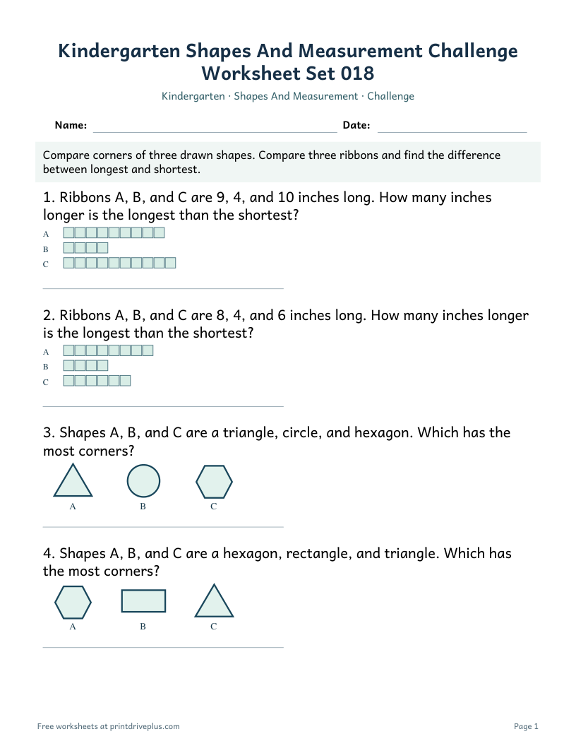 Preview of Kindergarten Shapes And Measurement Challenge Worksheet Set 018