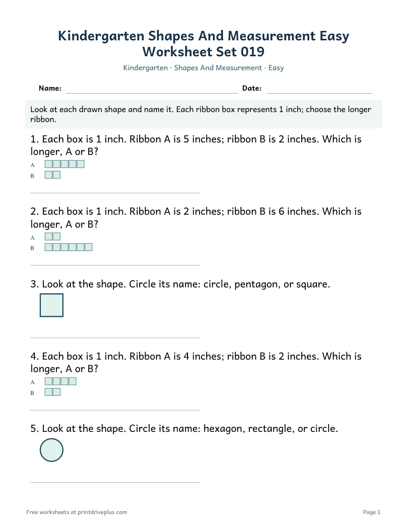 Preview of Kindergarten Shapes And Measurement Easy Worksheet Set 019