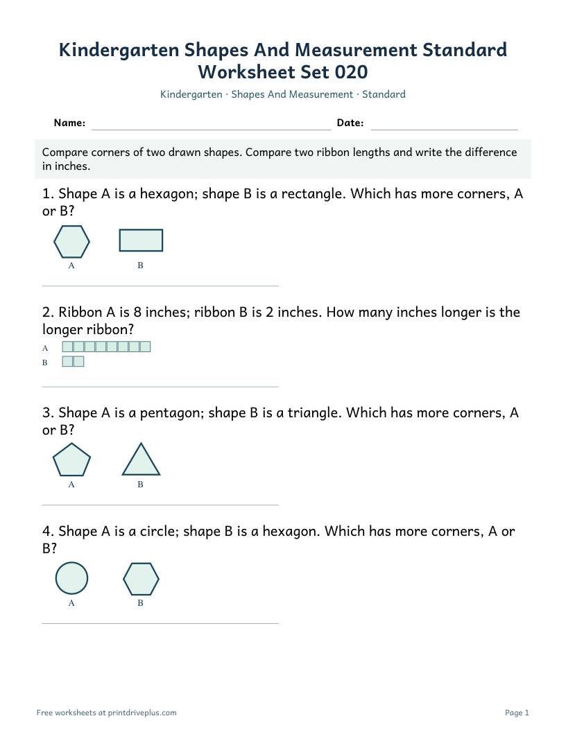 Preview of Kindergarten Shapes And Measurement Standard Worksheet Set 020
