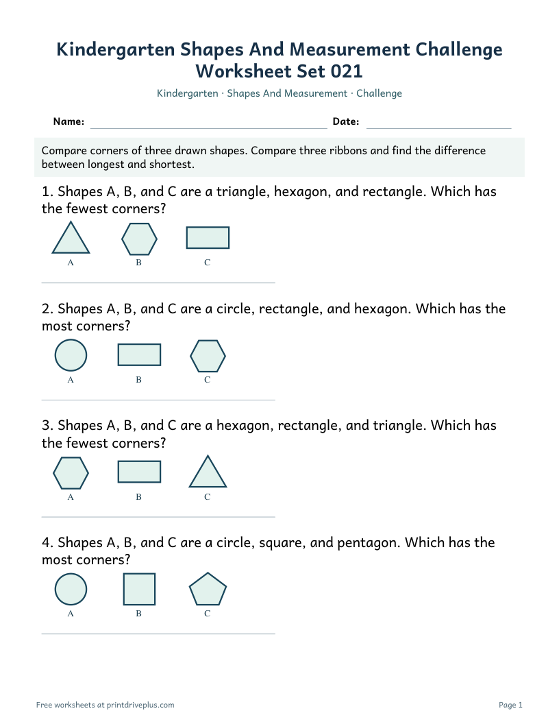 Preview of Kindergarten Shapes And Measurement Challenge Worksheet Set 021