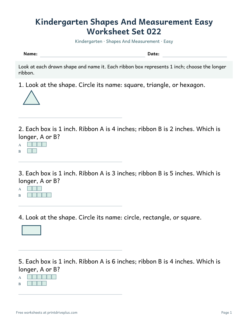 Preview of Kindergarten Shapes And Measurement Easy Worksheet Set 022