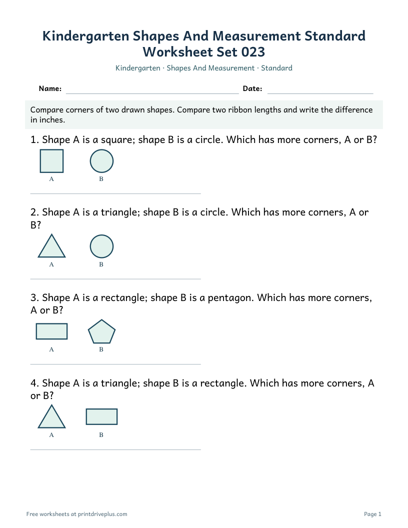 Preview of Kindergarten Shapes And Measurement Standard Worksheet Set 023